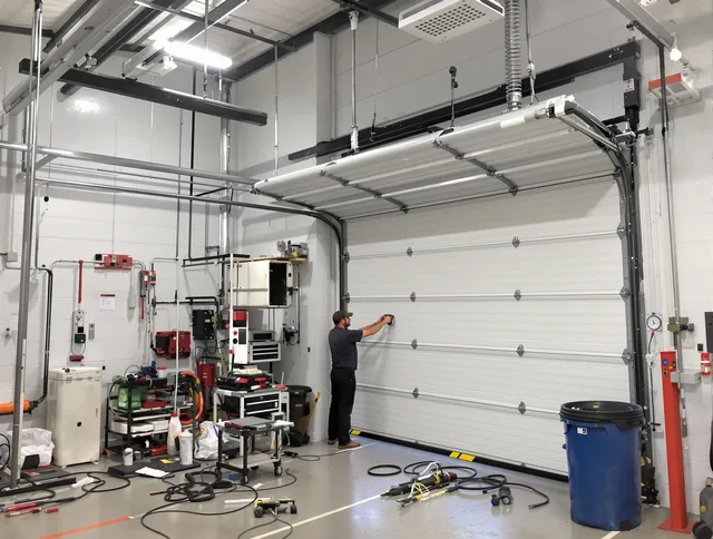 Menifee Garage Door Repair certified technician performing commercial door repair at a Menifee business facility