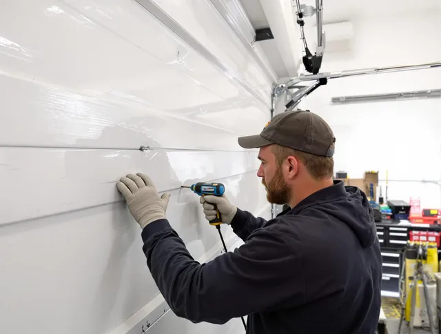 Menifee Garage Door Repair technician demonstrating precision dent removal techniques on a Menifee garage door