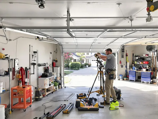 Menifee Garage Door Repair specialist performing laser-guided track alignment in Menifee